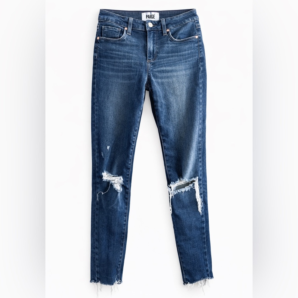 PAIGE Distressed Skinny Jeans | Medium Wash Stretch Denim | Raw Hem